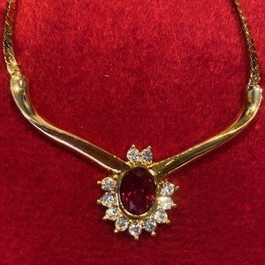 ❤️❤️ VTG 14K Gold Filled Red Rhinestone Pendant Necklace